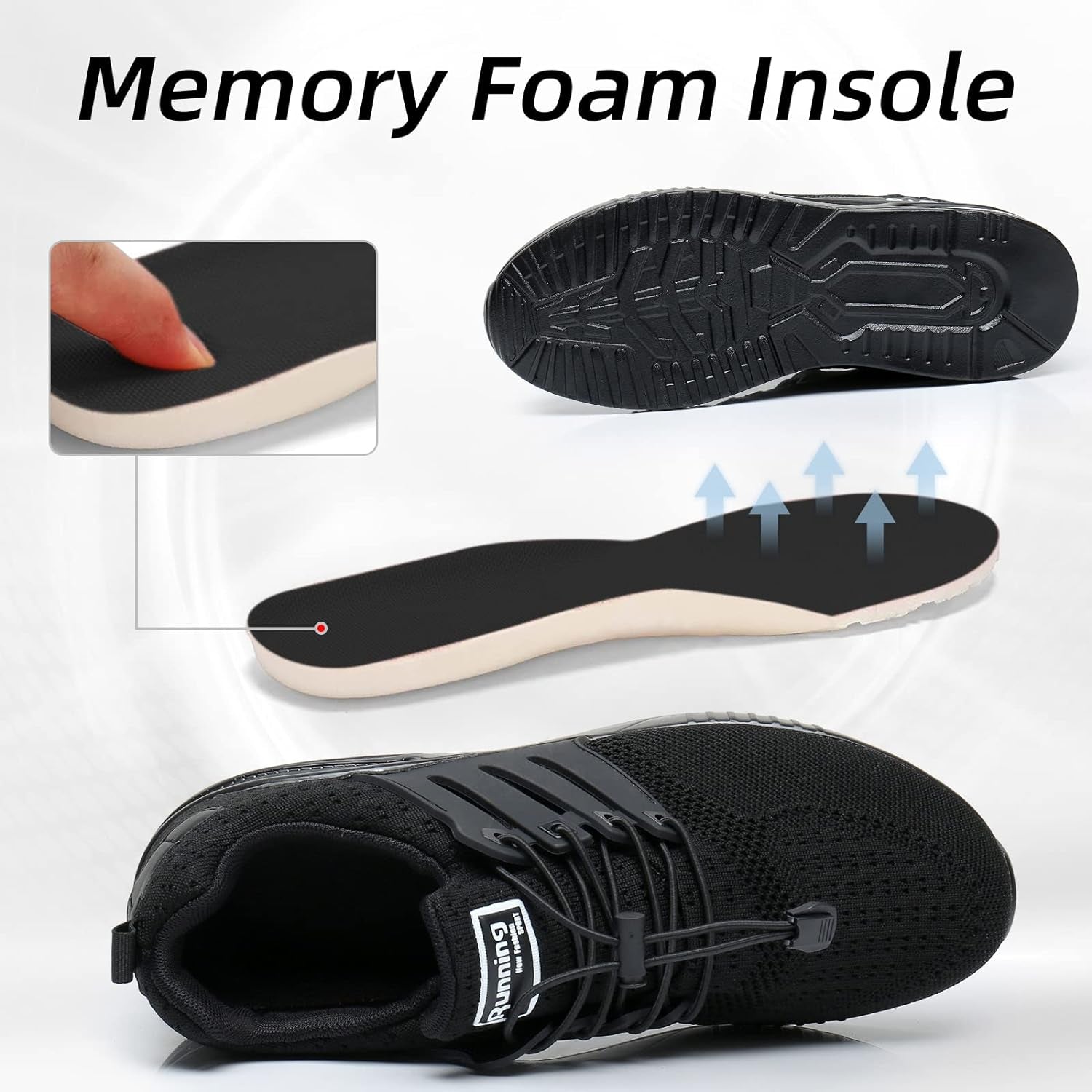 Men's Lightweight Non-Slip Running and Walking Shoes - Versatile All-Black Athletic Sneakers for Sports and Casual Wear, Size 9.5